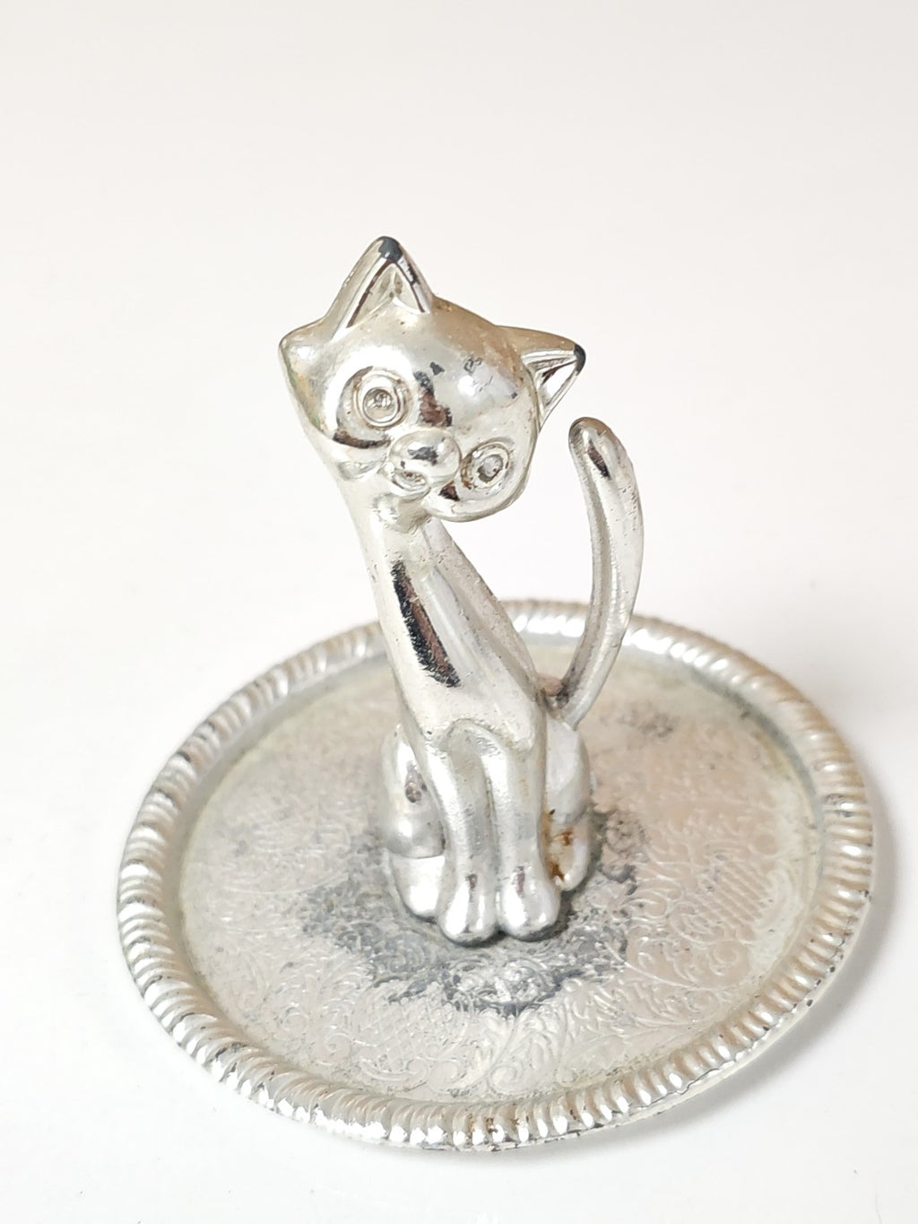 Figurine chat vintage ancienne déco métal argenté collection animal rétro