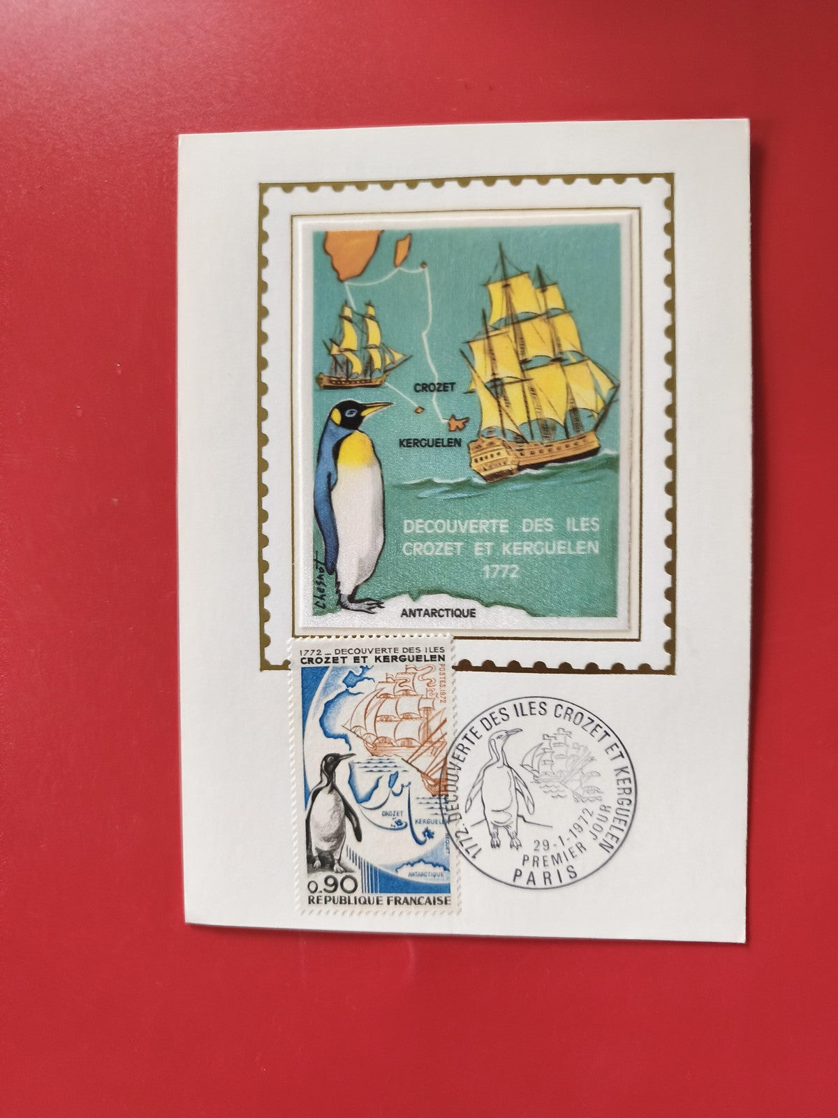 Carte postale philatélie Crozet Kerguelen timbre manchot expédition navire