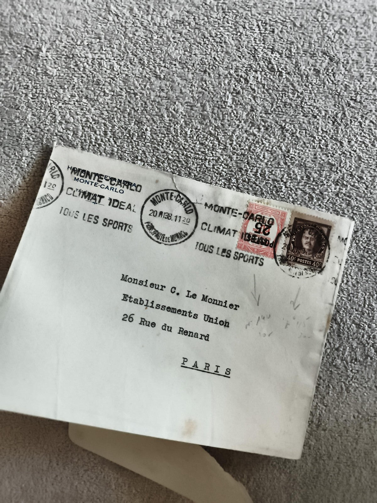 Lettre affranchie Monaco Monte-Carlo timbres 1940s philatélie Paris
