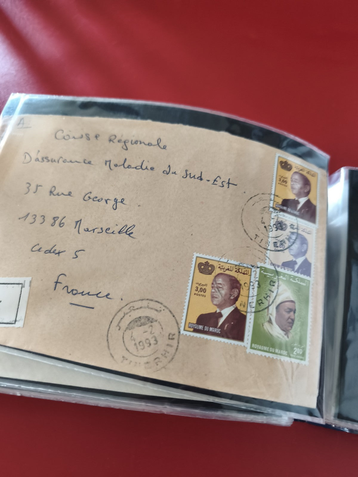 Ancienne enveloppe oblitérée Maroc 1993, timbres Roi Hassan II, philatélie rare