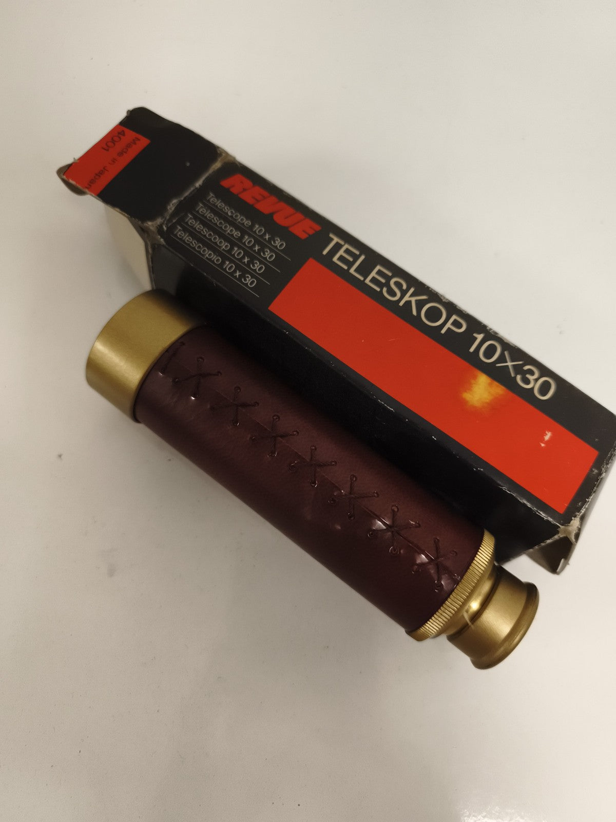 Télescope ancien REVIUE 10x30, laiton aspect cuir, vintage rétro optique
