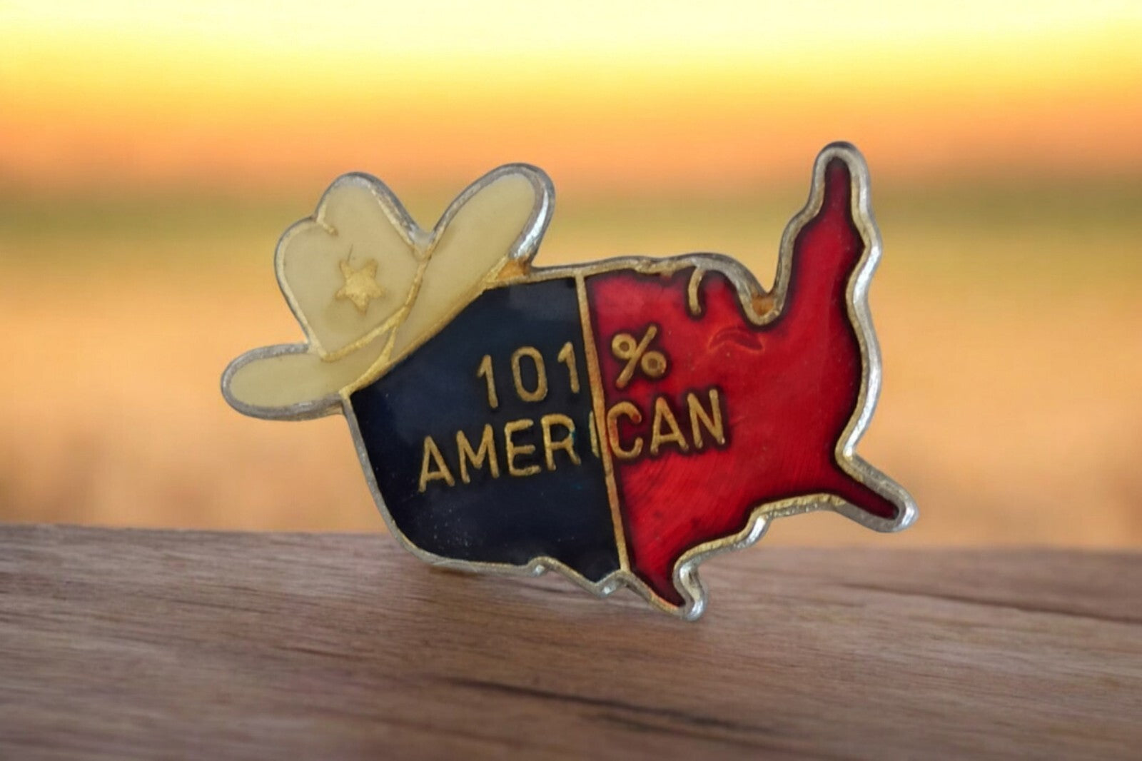 Pin's vintage USA 101% American forme carte chapeau rétro émaillé