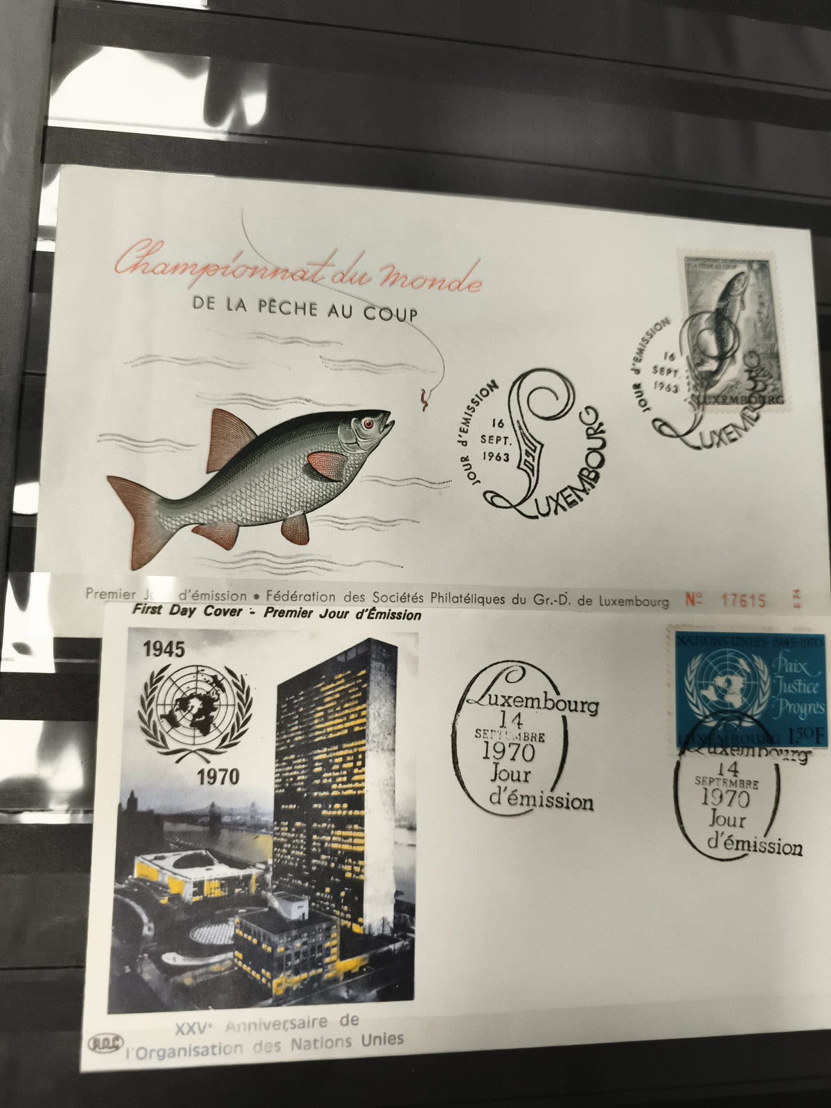 Enveloppes Premier Jour Luxembourg pêche ONU, timbres thématiques, 1963-1970