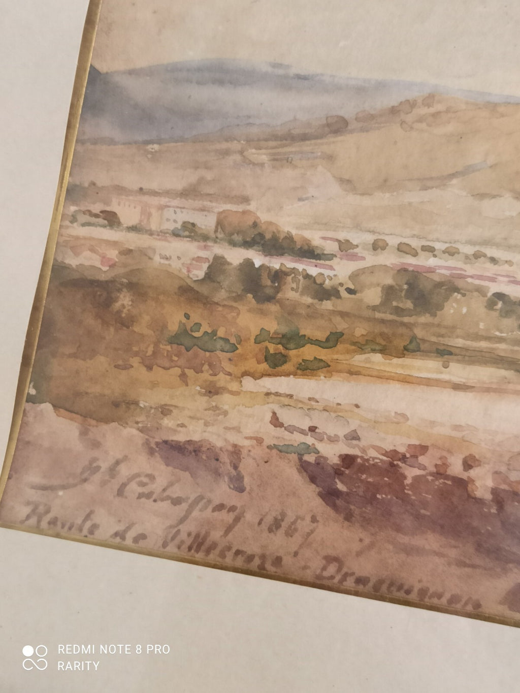 Tableau ancien paysage Villecroze Draguignan aquarelle signée cadre doré