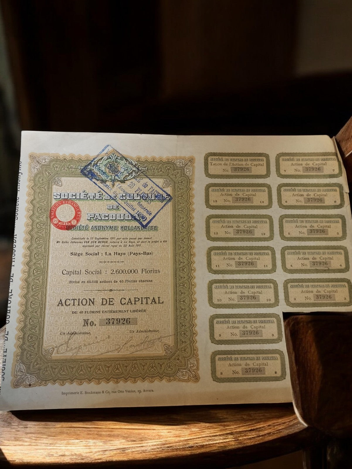 Action ancienne Société de Charbonnages de Pacota La Haye 1920s certificat bours