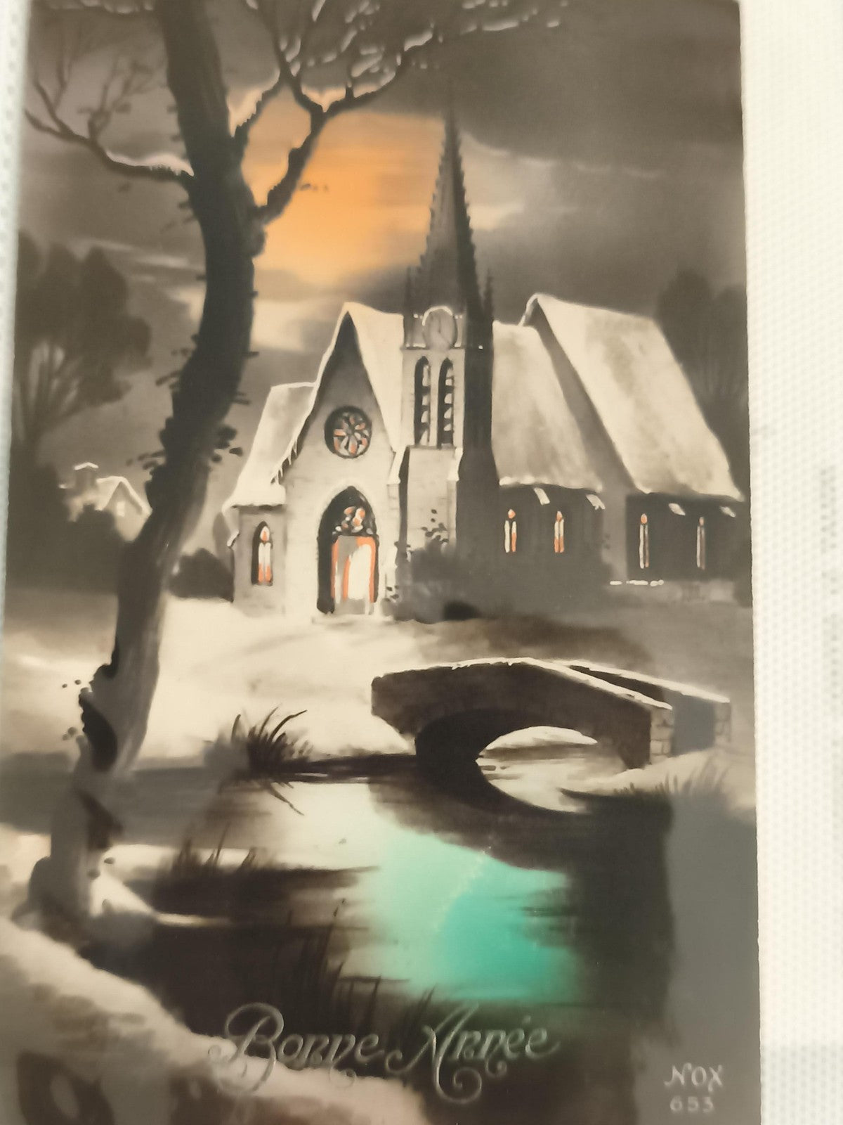 Carte postale ancienne Bonne Année église neige Nox 653 illustration vintage