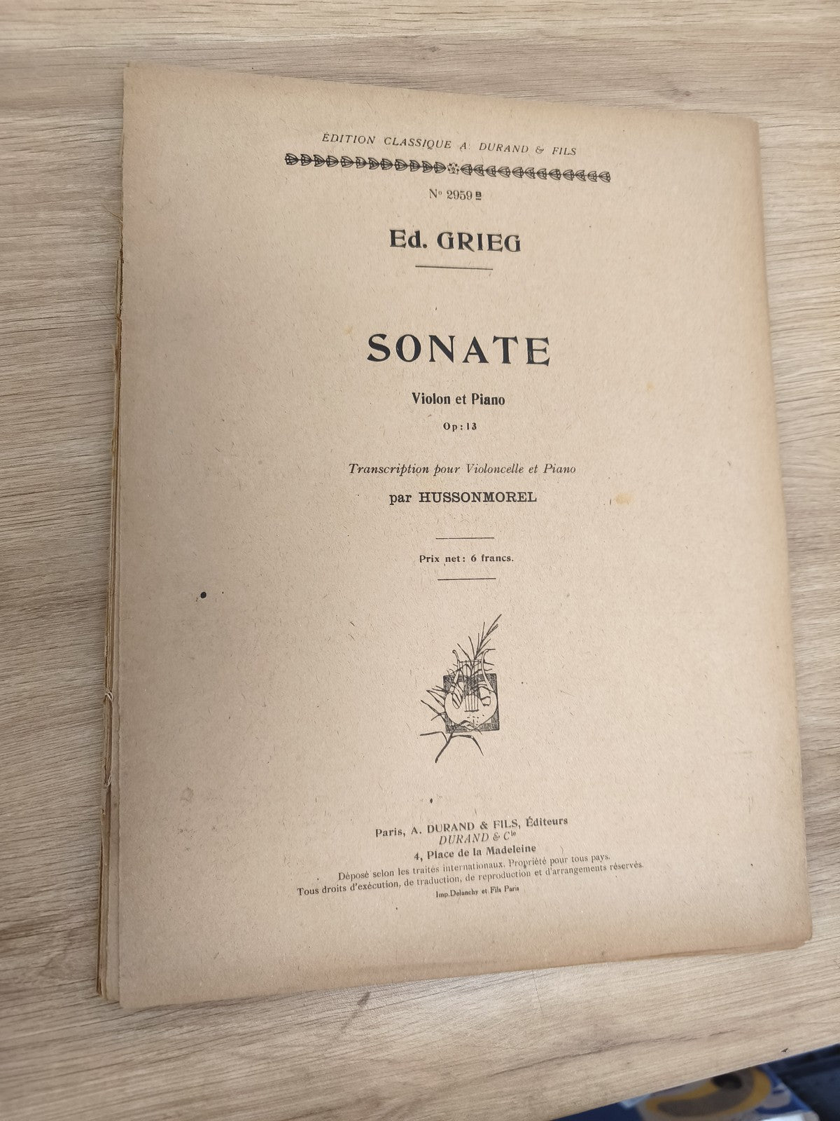 Ancien livre partitions Grieg Sonate violon piano Durand vintage musique classiq