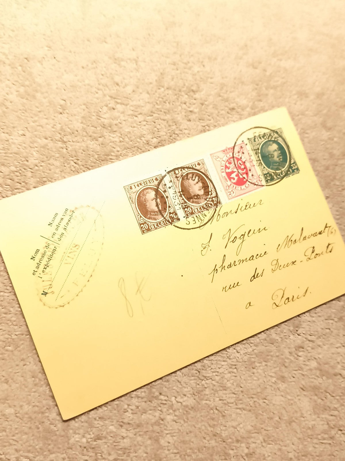 Lettre ancienne timbrée Belgique oblitérée, 4 timbres philatélie (Ref 27)