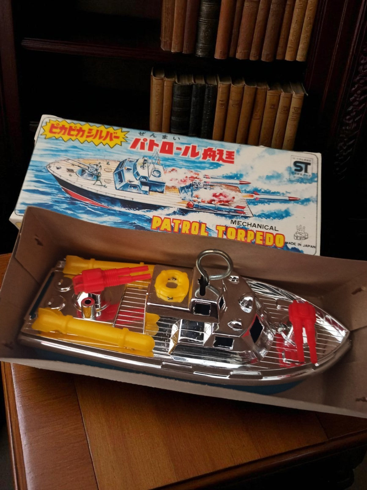 Bateau mécanique vintage Patrol Torpedo chrome boîte Japon jouet ancien tin toy