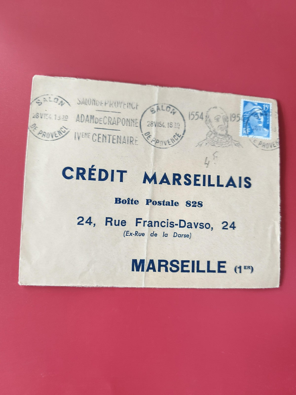 Enveloppe philatélie Crédit Marseillais oblitérée Salon-de-Provence timbre bleu