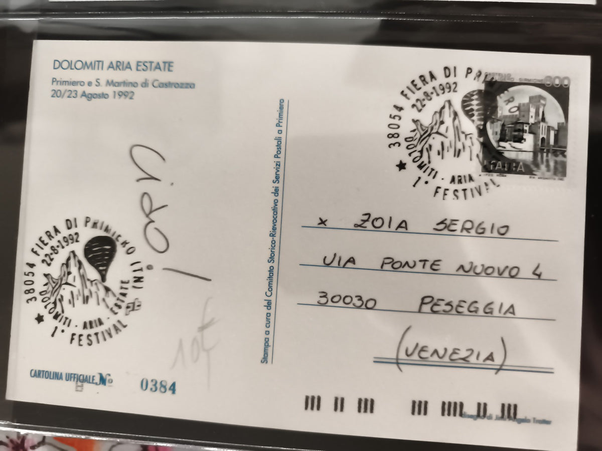 Carte postale officielle Dolomiti Aria Estate 1992 oblitérée Italie philatélie