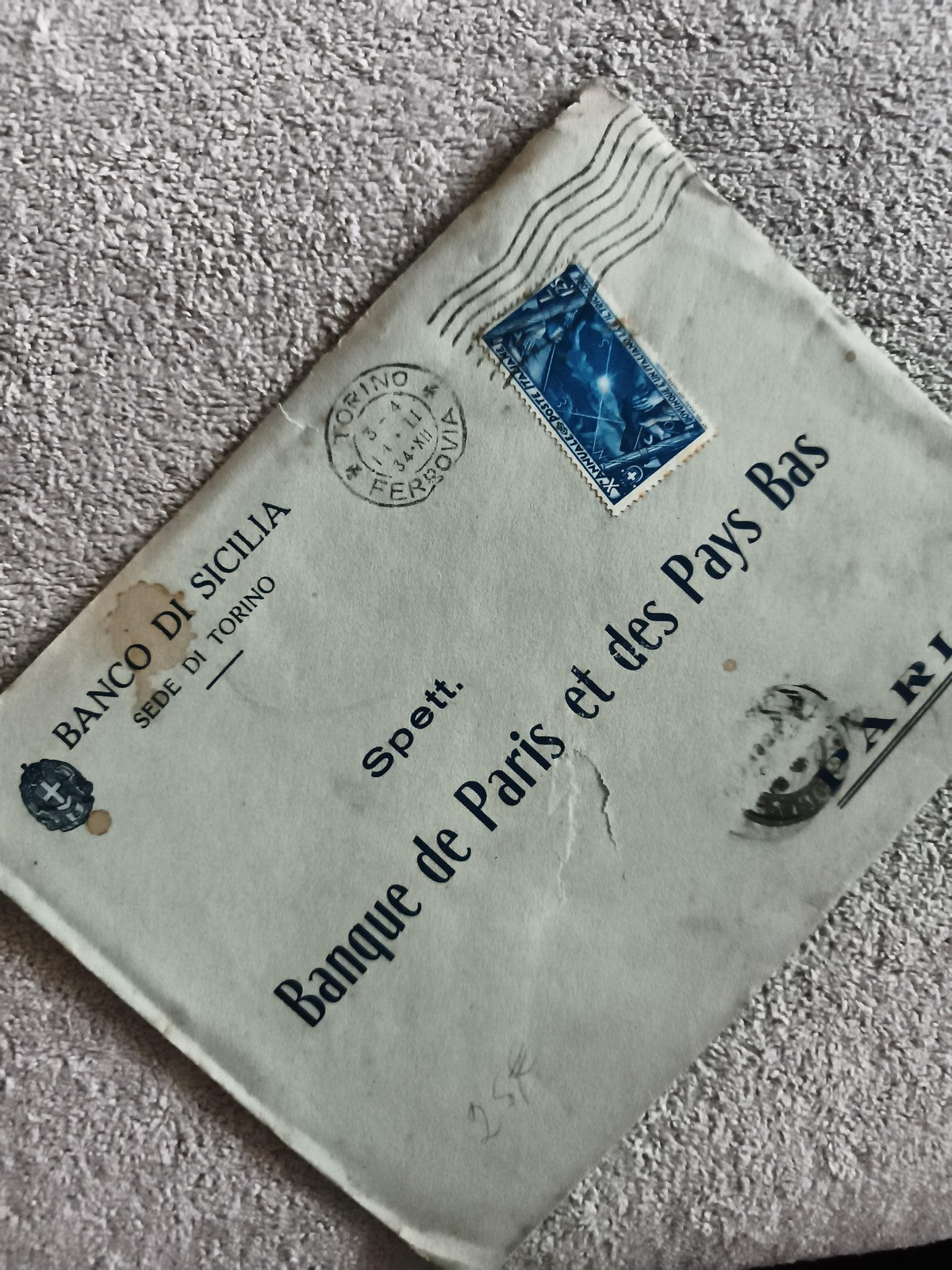 Lettre ancienne Banco di Sicilia timbre Italie bleu, oblitération Torino philaté