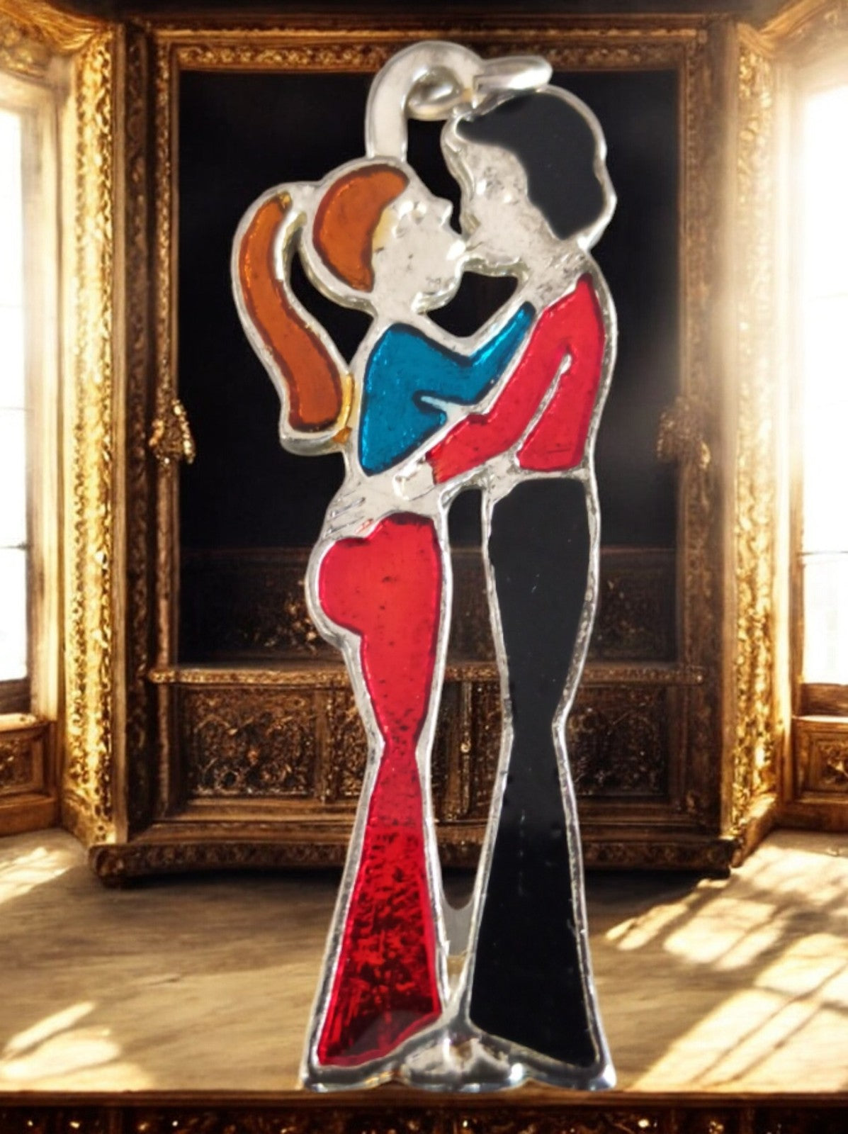 Pendentif vintage années 70 couple émaillé rouge bleu, bijou rétro rare