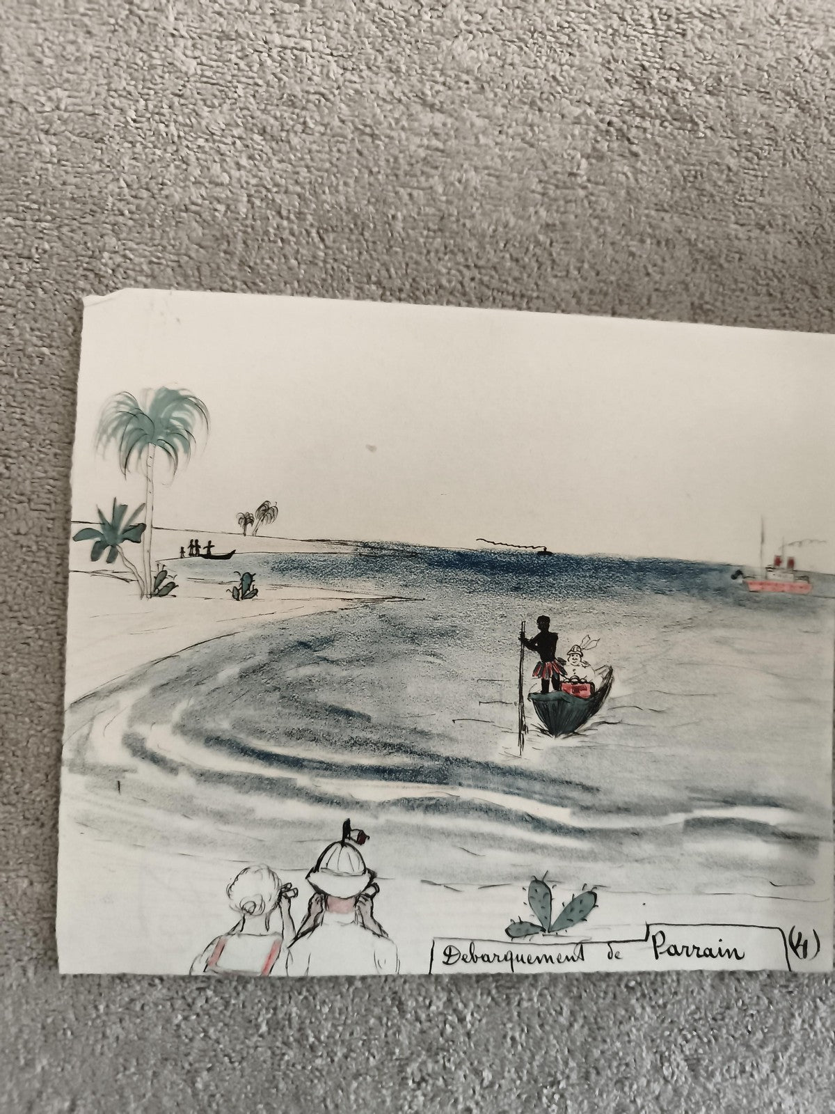 CPA illustrée débarquement de Parrain scène exotique dessin original