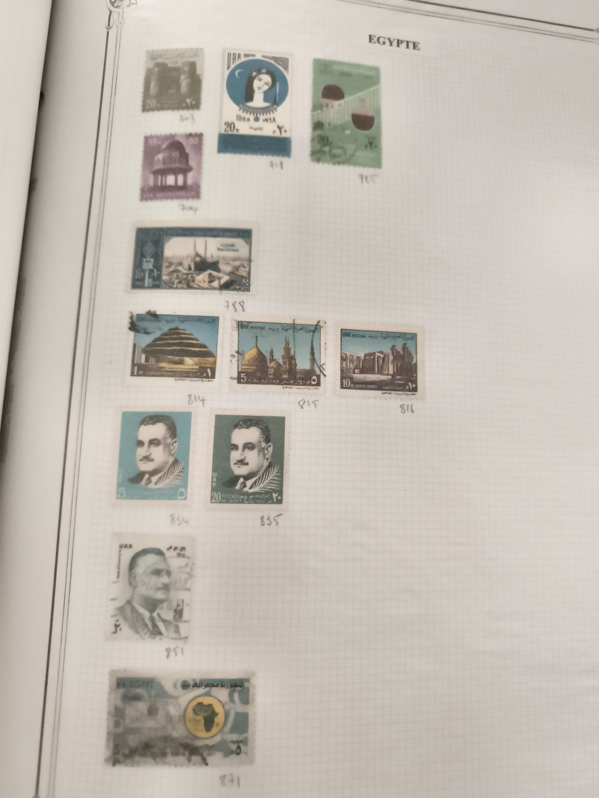 Timbres Égypte anciens oblitérés, architecture, personnages, lot philatélie