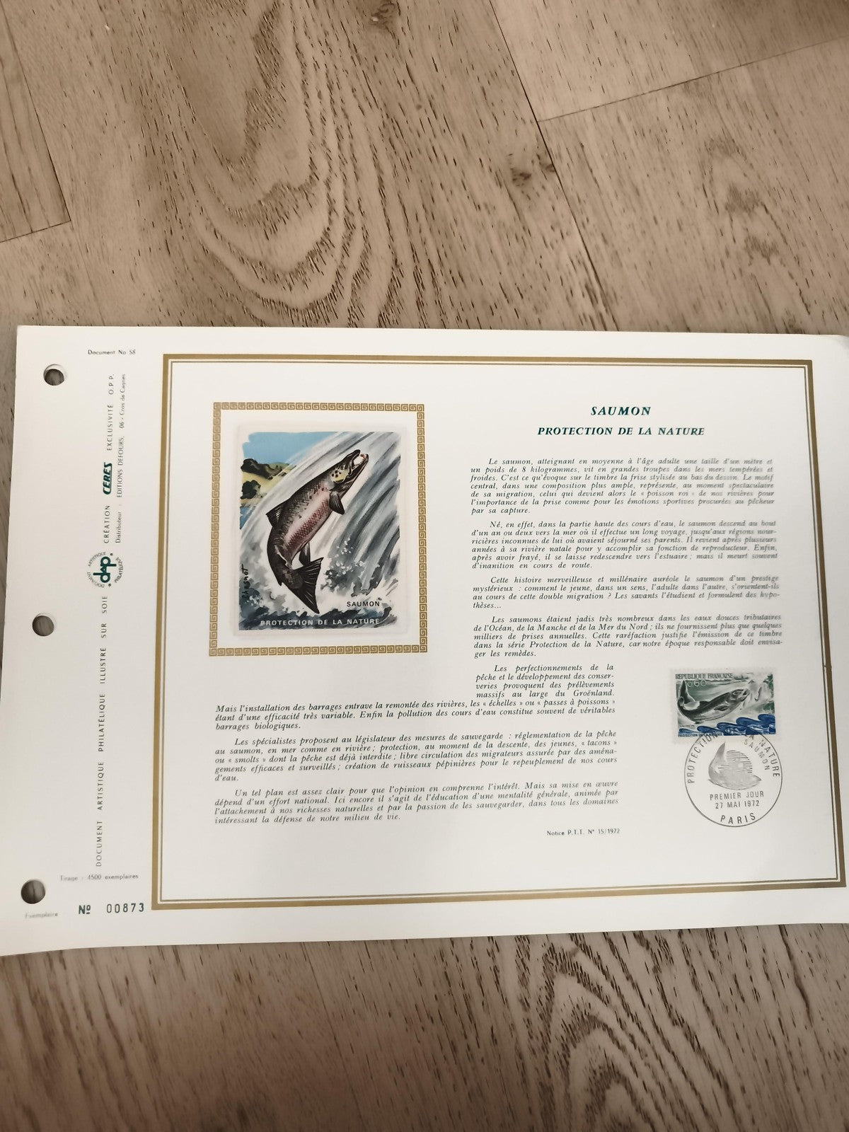 Feuillet philatélique CEF Saumon Protection de la Nature 1972 timbre illustré
