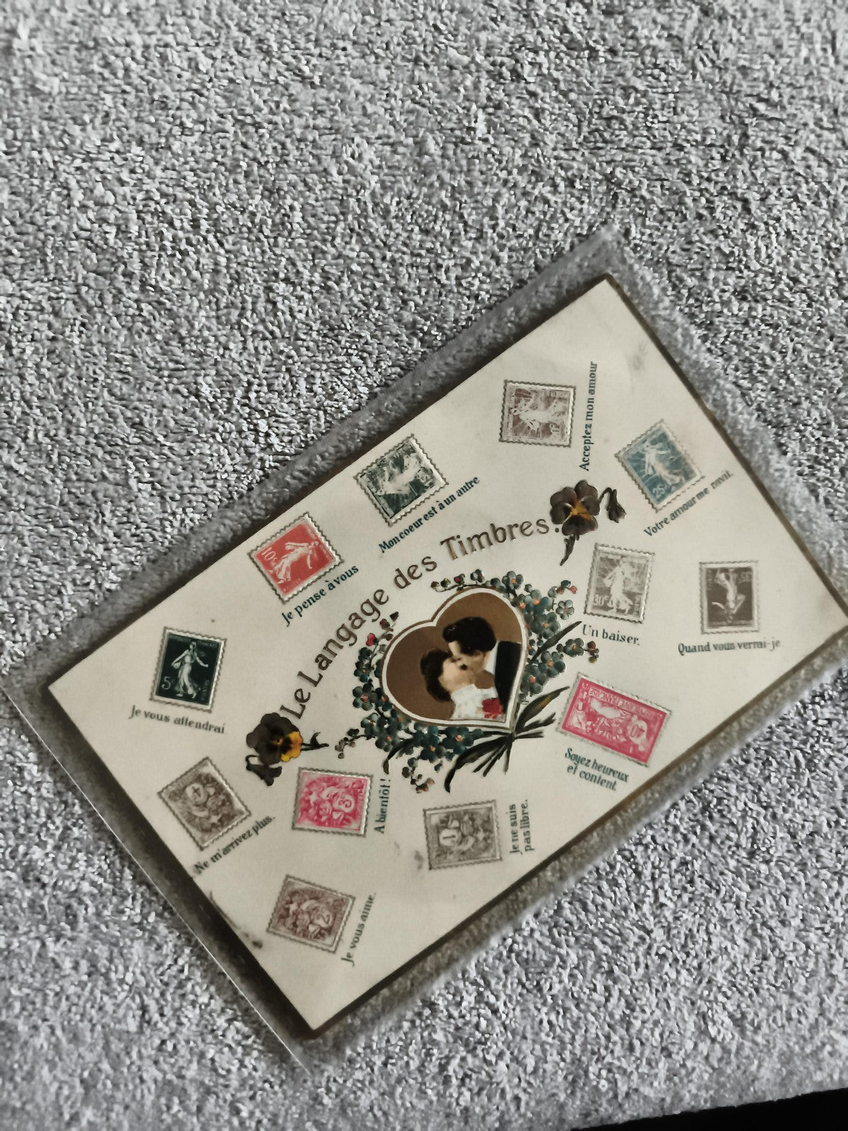 Carte postale ancienne Le Langage des Timbres philatélie thème amour