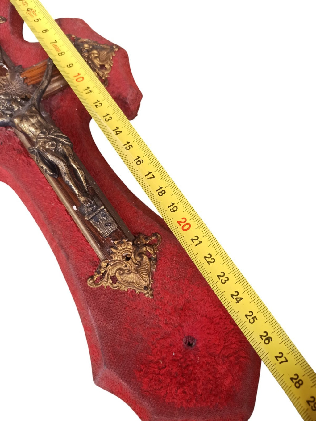 Crucifix ancien Napoléon III dorure sur métal croix velours rouge église XIXe