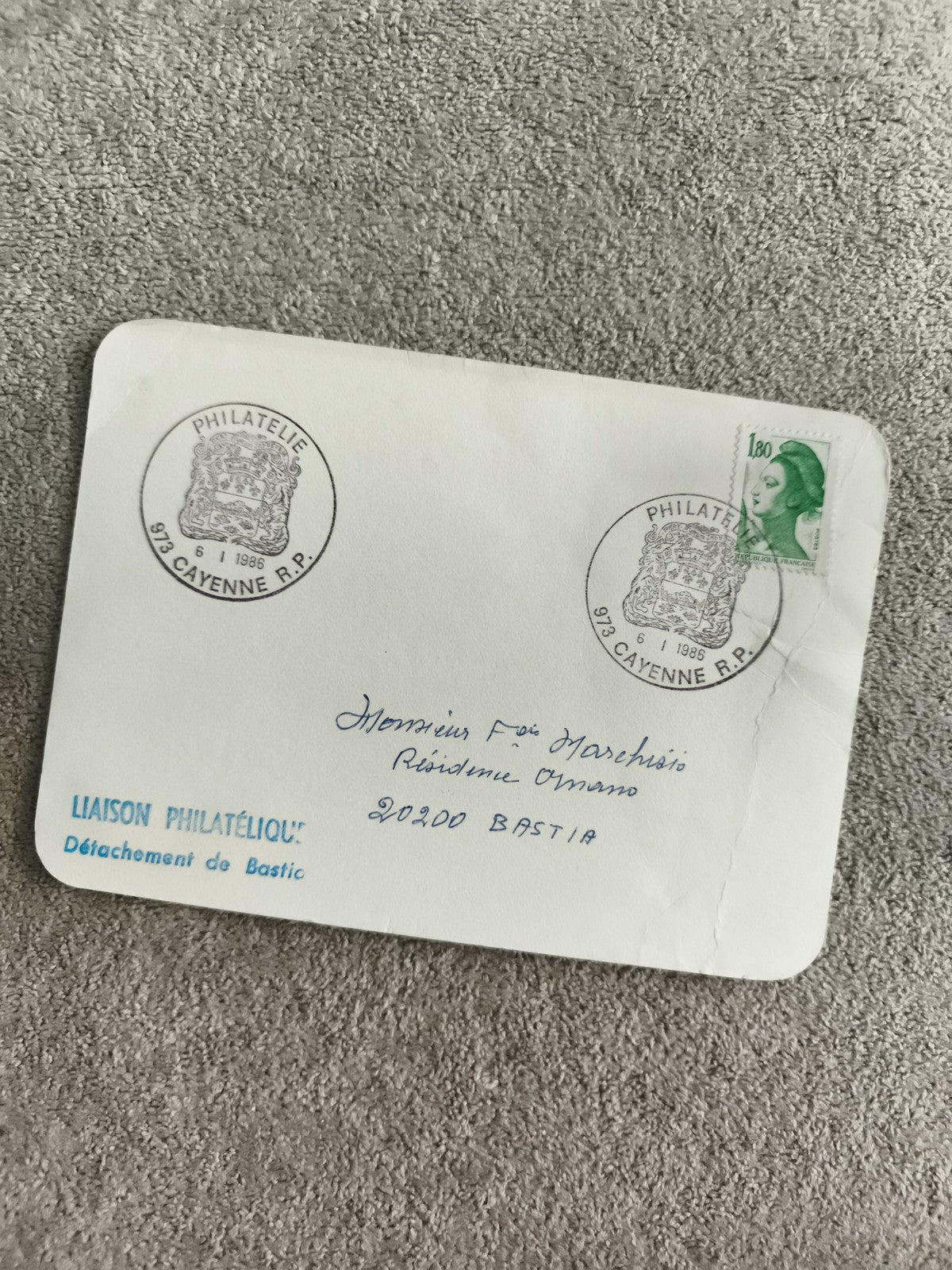 Lettre philatélique Cayenne 1986 Marianne 1,80F oblitération Bastia