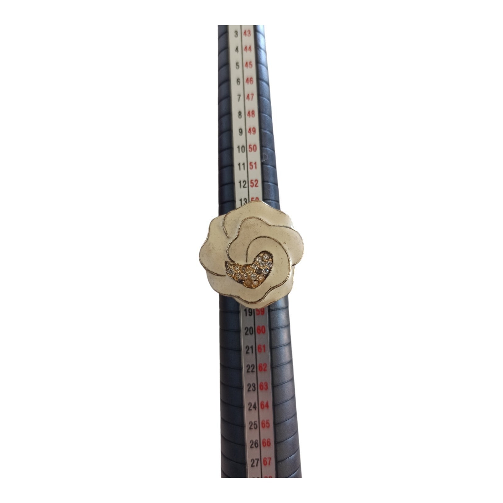 Bague fantaisie vintage fleur blanche style rétro, cristaux, taille 56