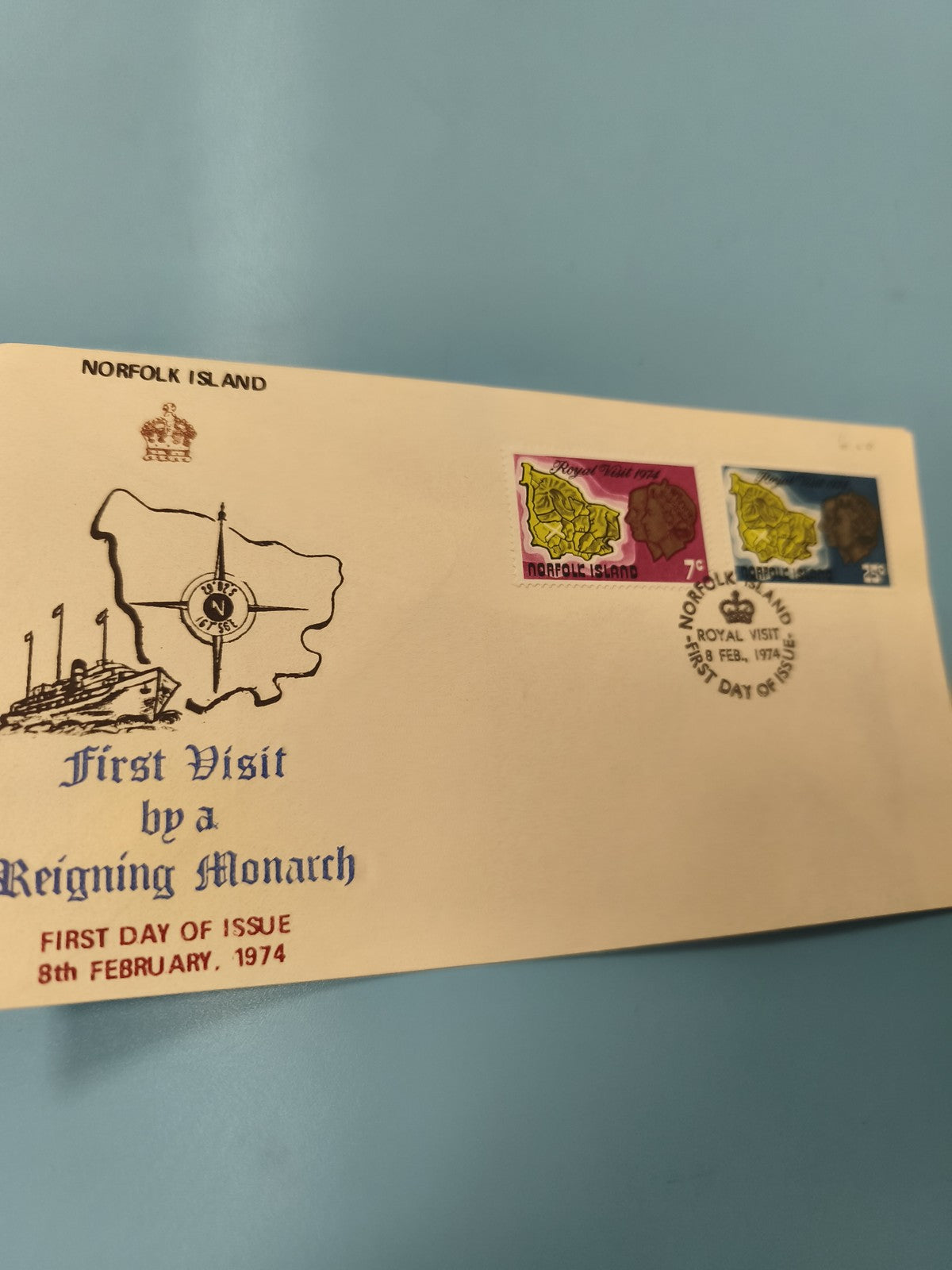 Ancienne enveloppe philatélie Norfolk Island 1974 visite royale, timbres FDC