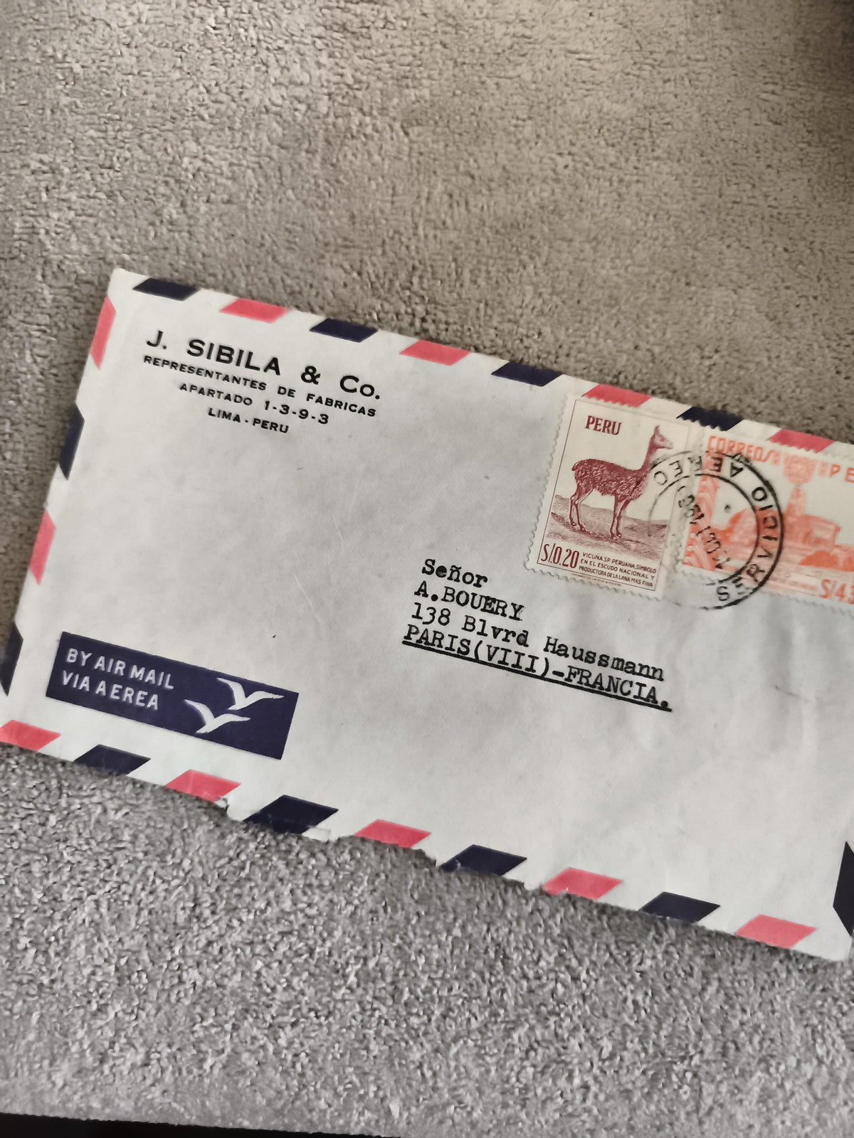 Lettre avion affranchie Pérou 1960s, timbres animaux, enveloppe J. Sibila & Co