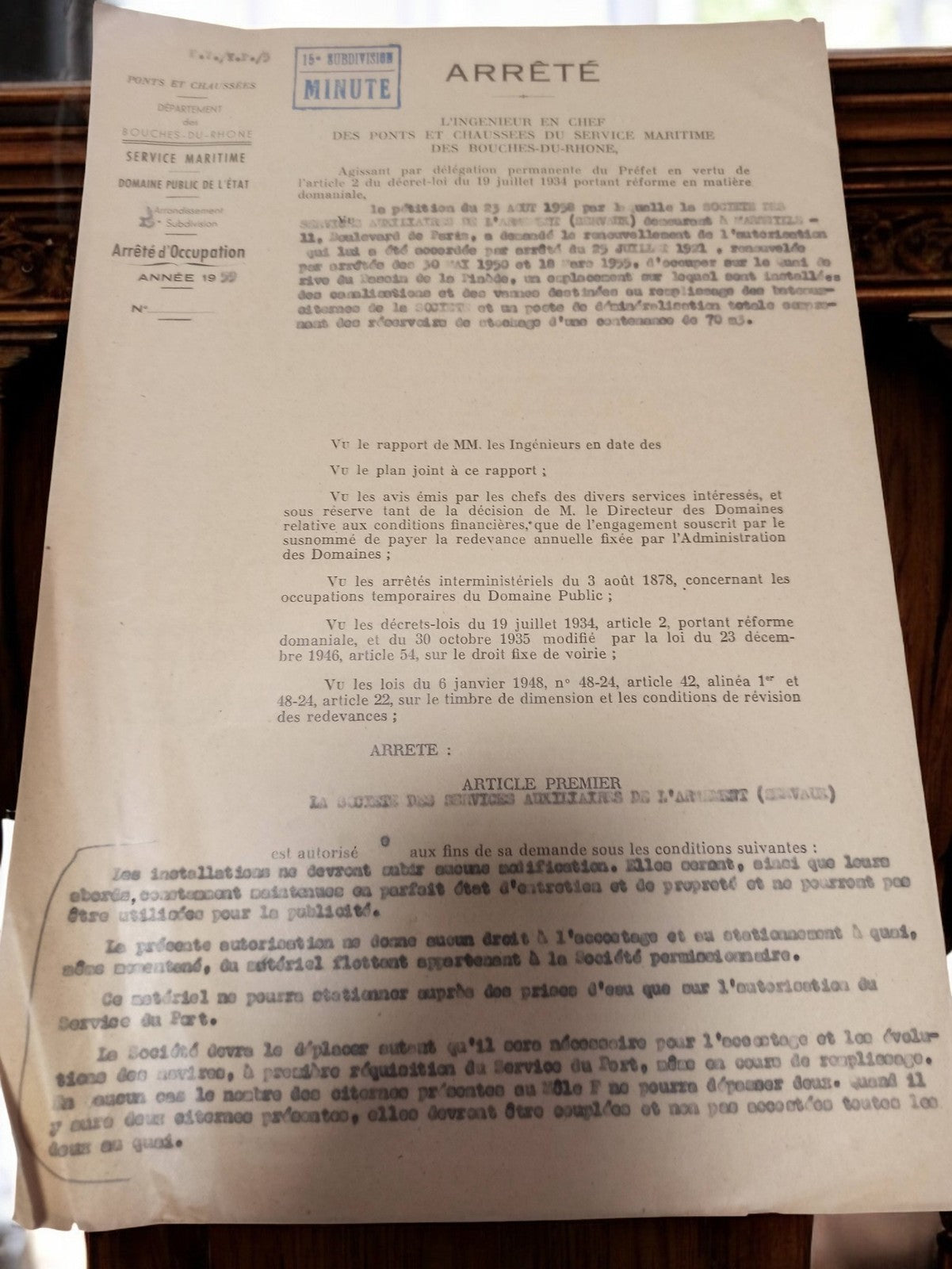 Document administratif ancien Marseille arrêté préfet Bouches-du-Rhône 1939
