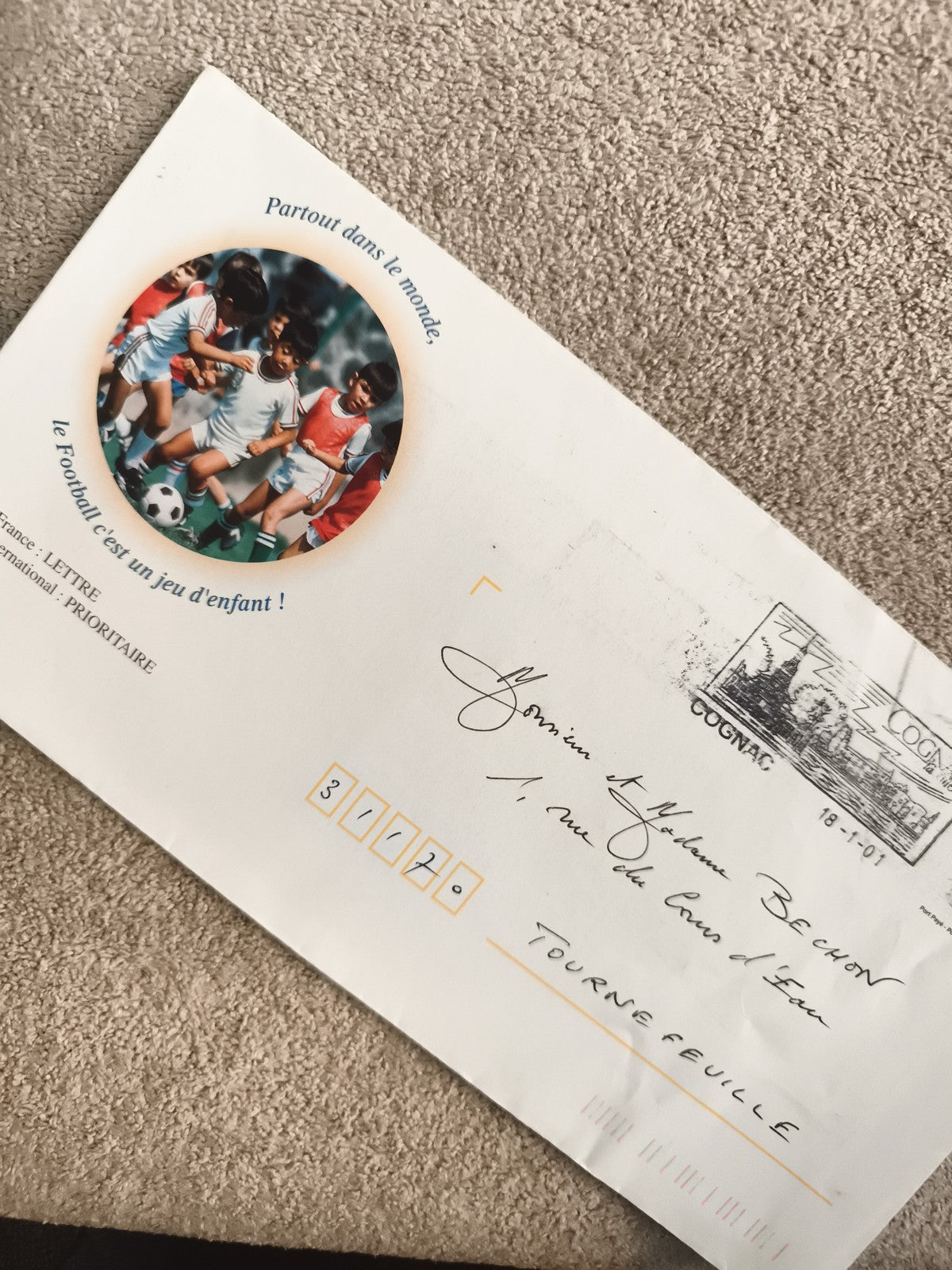 Lettre philatélique football illustration enfants oblitération Cognac