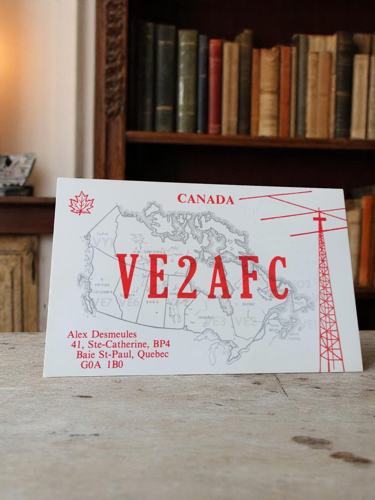 Carte QSL radio amateur vintage Canada VE2AFC, motif carte, Québec