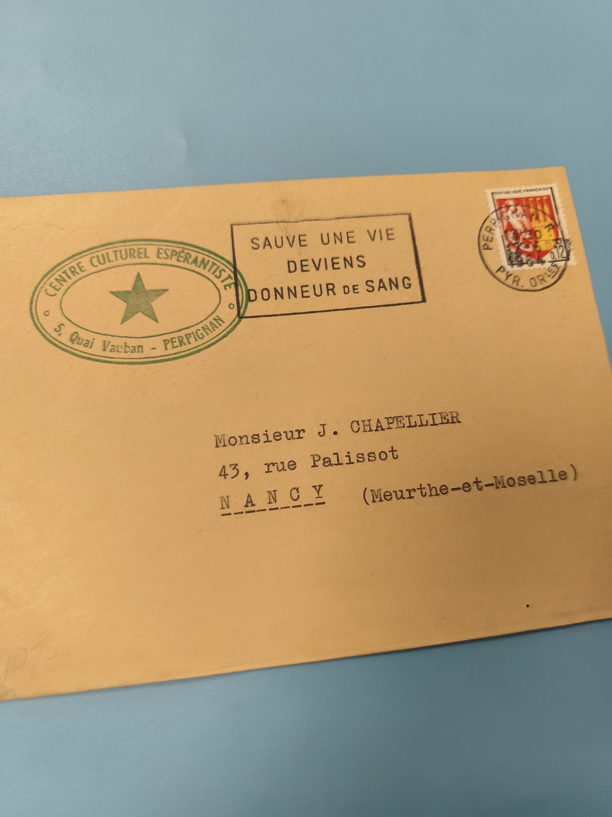 Ancienne enveloppe timbrée Perpignan oblitérée, philatélie, Centre Espérantiste