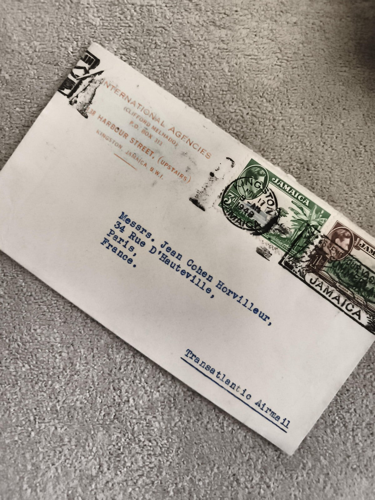 Lettre affranchie Jamaïque timbres Transatlantic Airmail Kingston philatélie