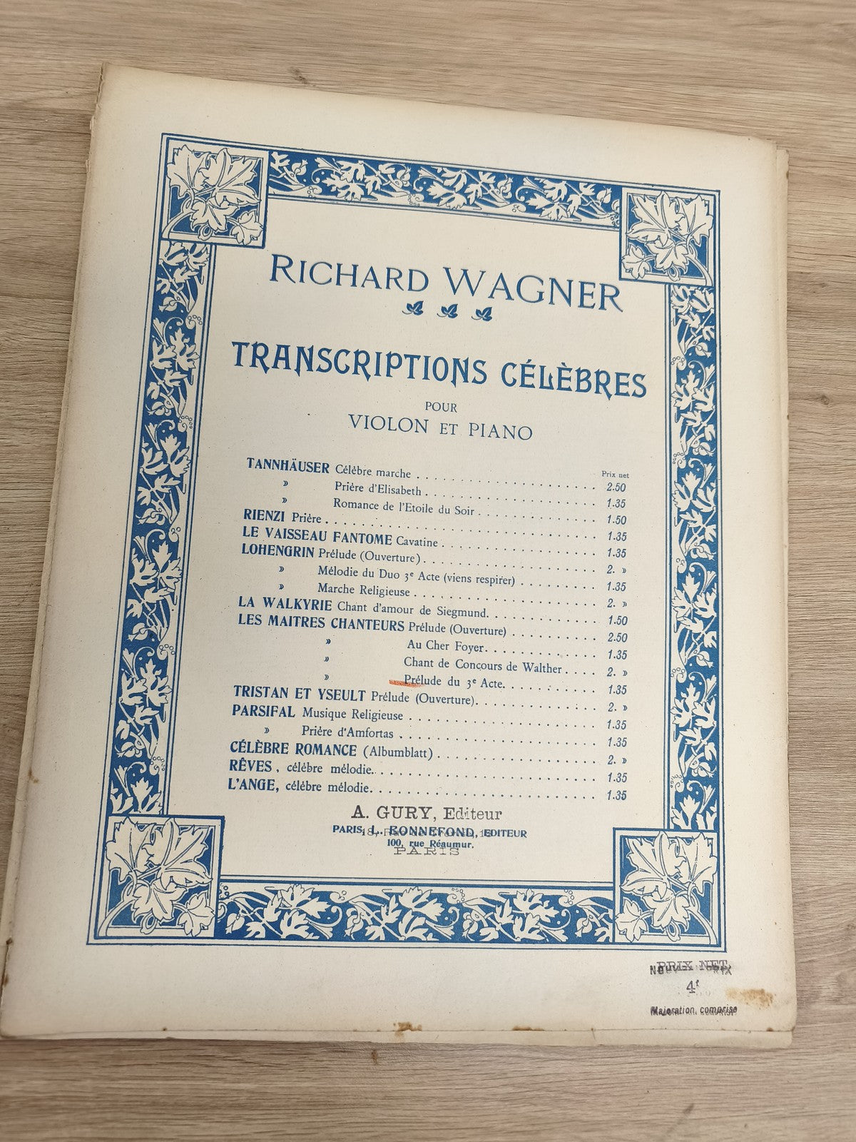 Ancien livre partitions violon piano Wagner Transcriptions célèbres A. Gury