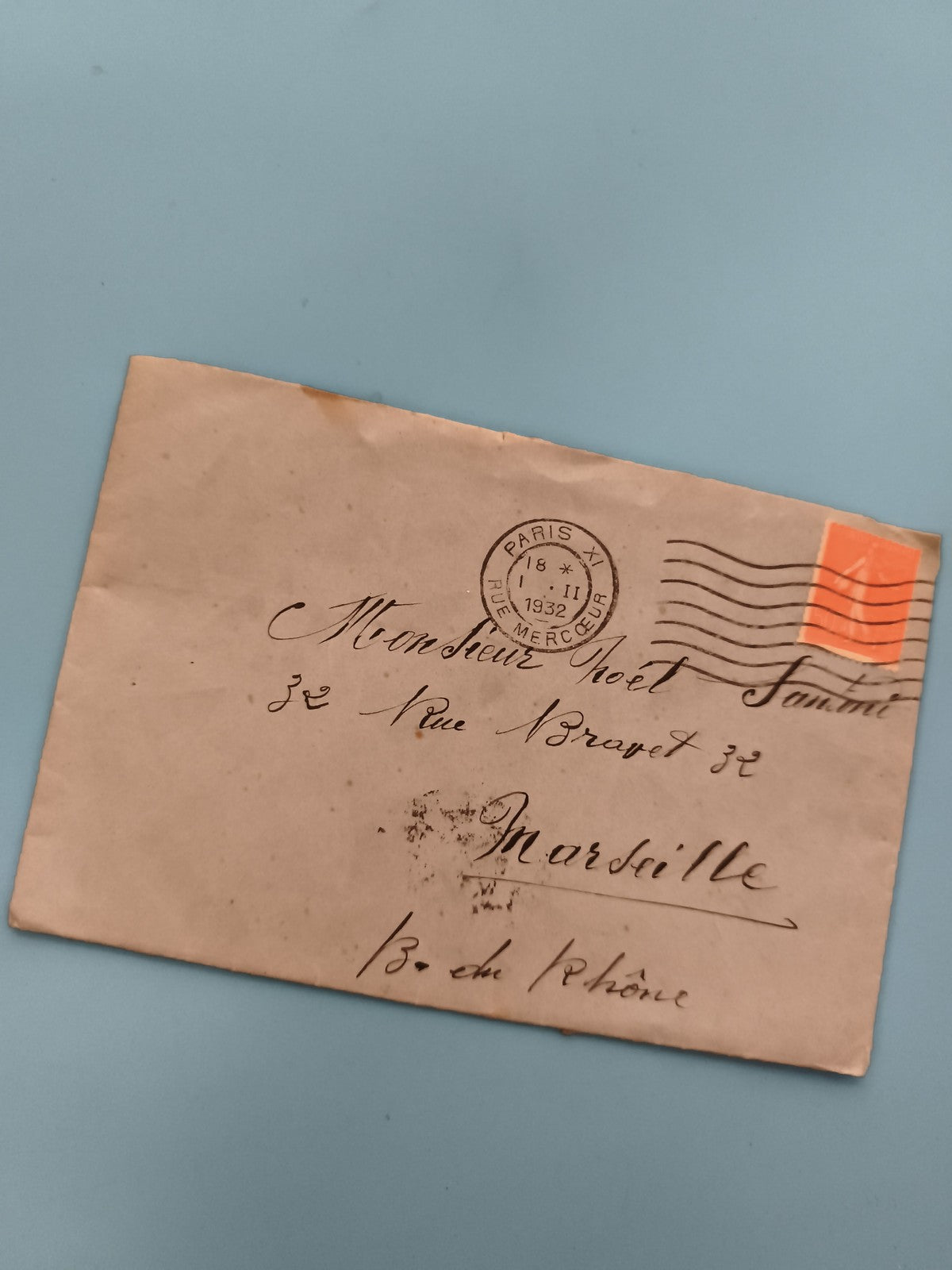 Lettre ancienne oblitérée 1932 Paris Marseille timbre orange philatélie (Ref 3)