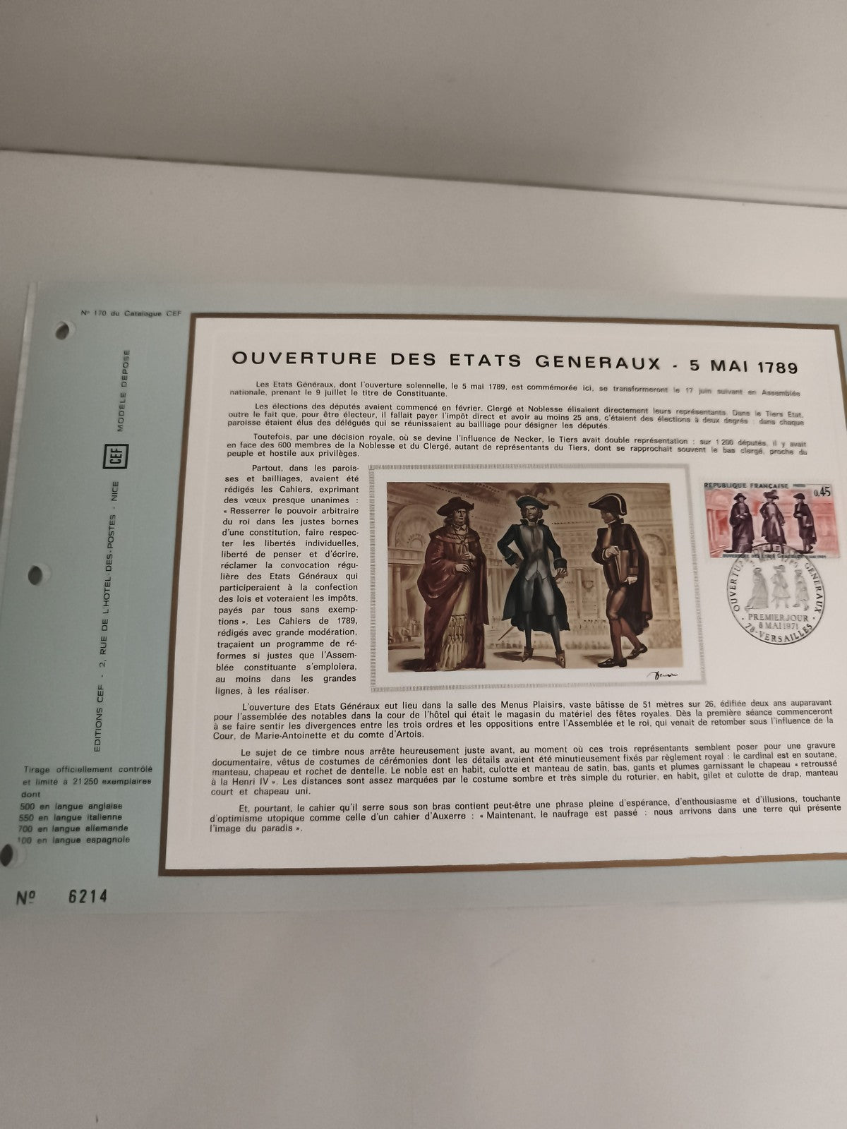 Feuillet philatélique CEF Ouverture États Généraux 1789 timbre France