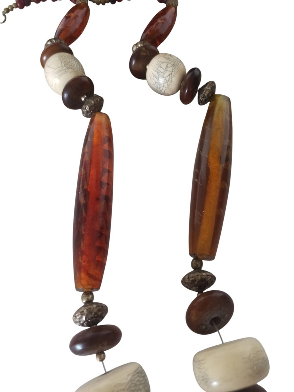 Collier ethnique ancien pendentif visage, perles naturelles et ambre reconstitué