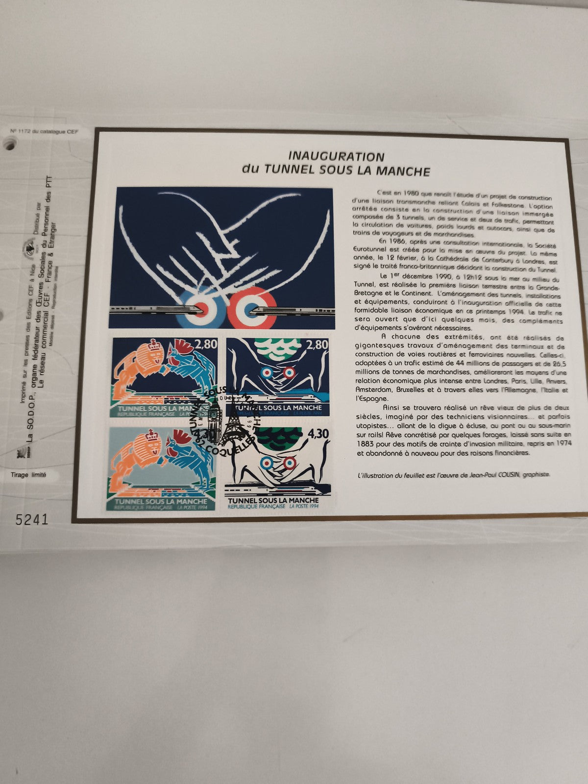 Feuillet CEF Inauguration Tunnel sous la Manche 1994 timbres France philatélie