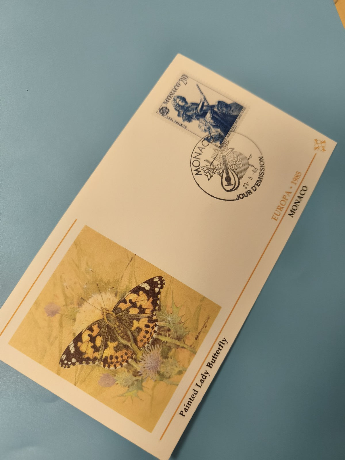 Enveloppe FDC Monaco 1985 Europa timbre papillon Painted Lady papillon et oblité