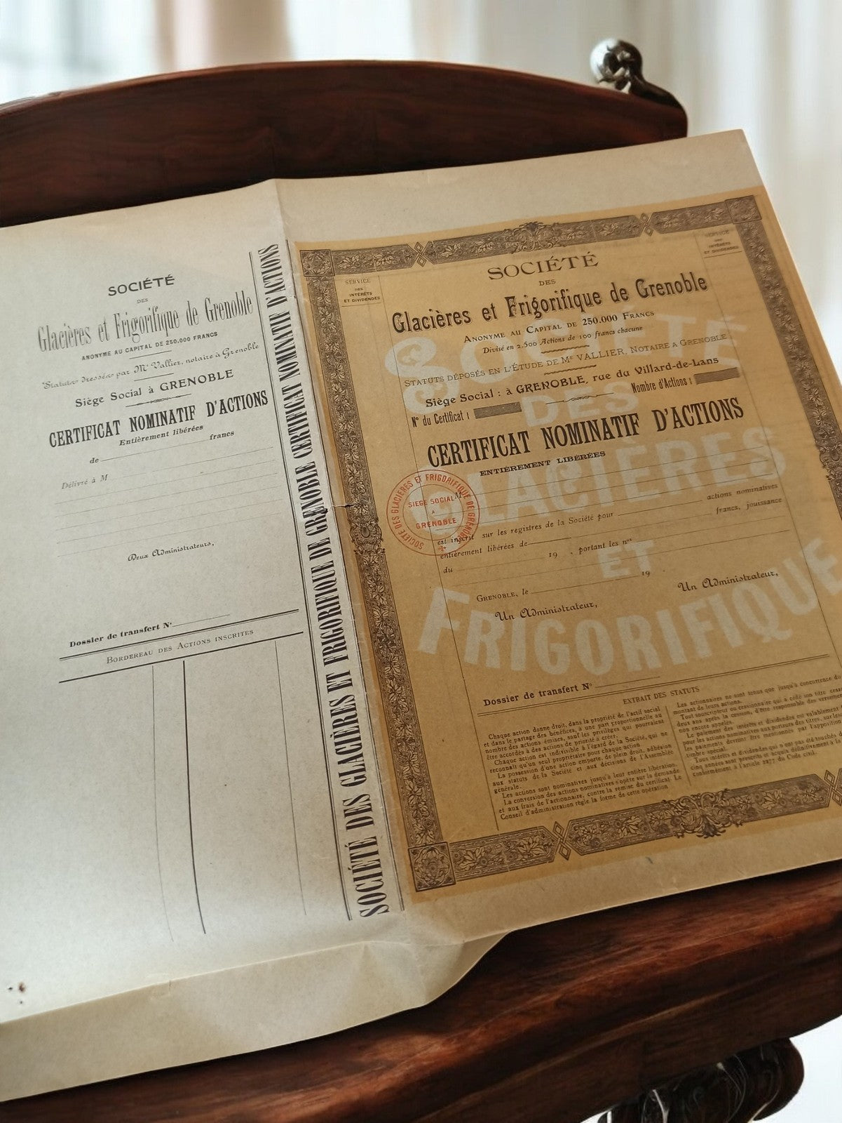 Action nominative ancienne Glacières et Frigorifique Grenoble années 1920 docume