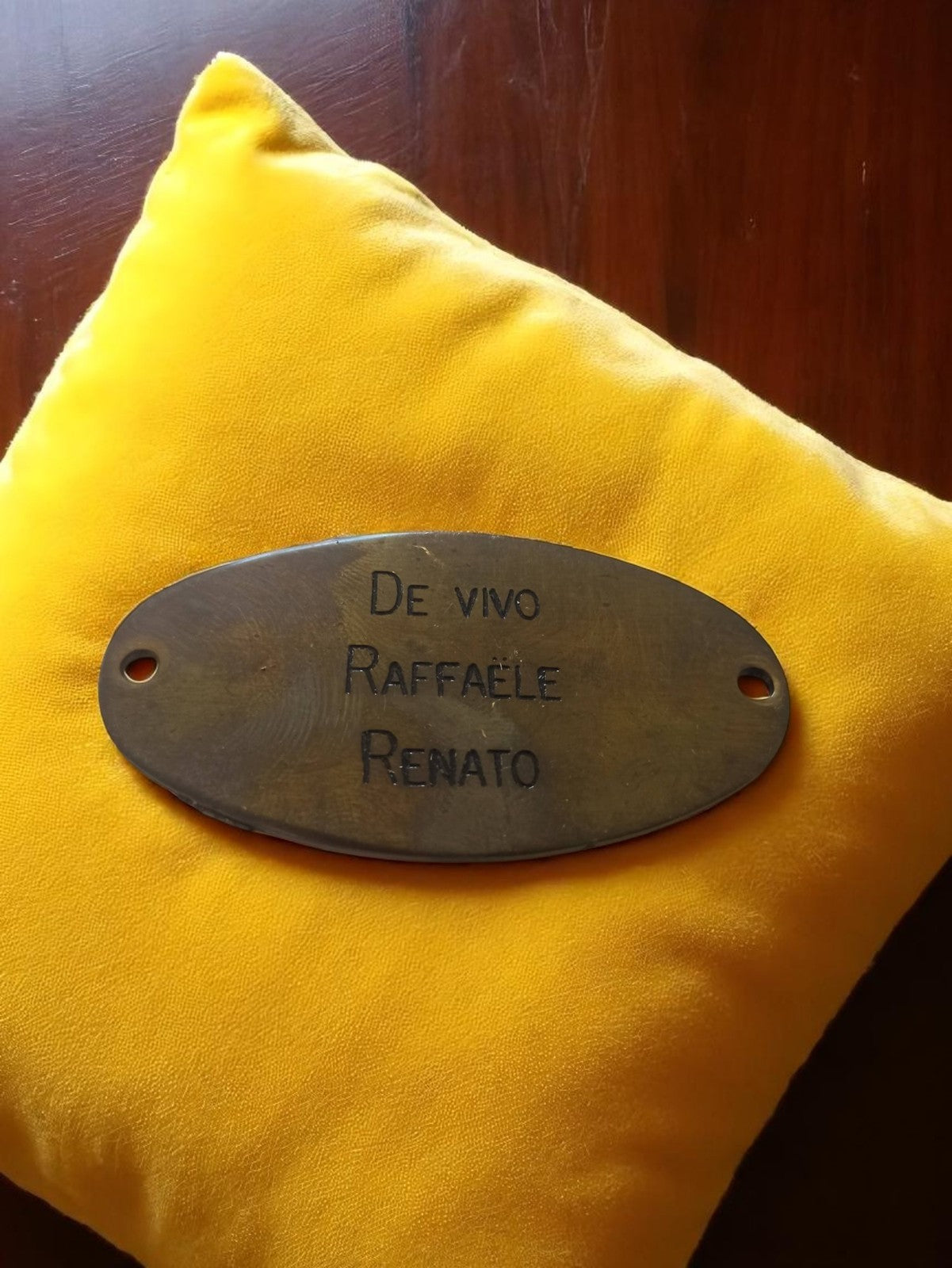 Plaque ancienne bronze cuivre De Vivo Raffaele Renato vintage ovale