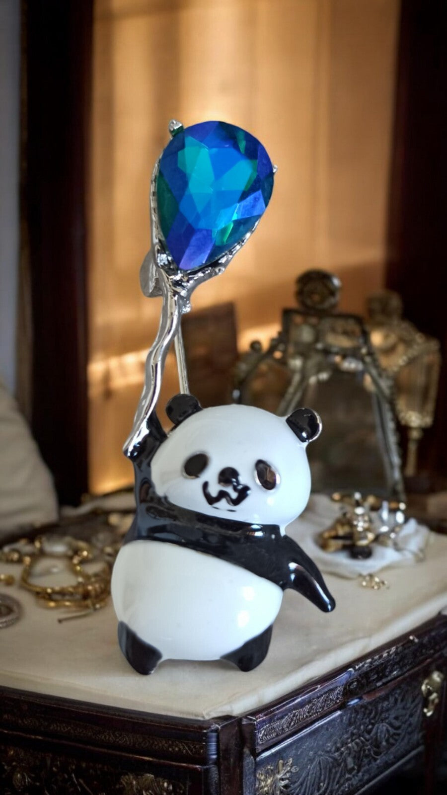 Broche panda strass bleu vert fantaisie, bijou animalier original accessoire