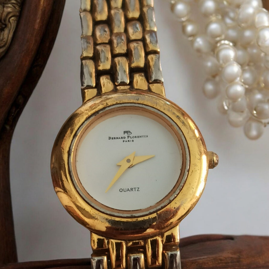 Montre vintage Bernard Florentin Paris quartz dorée, bracelet texturé femme rétr