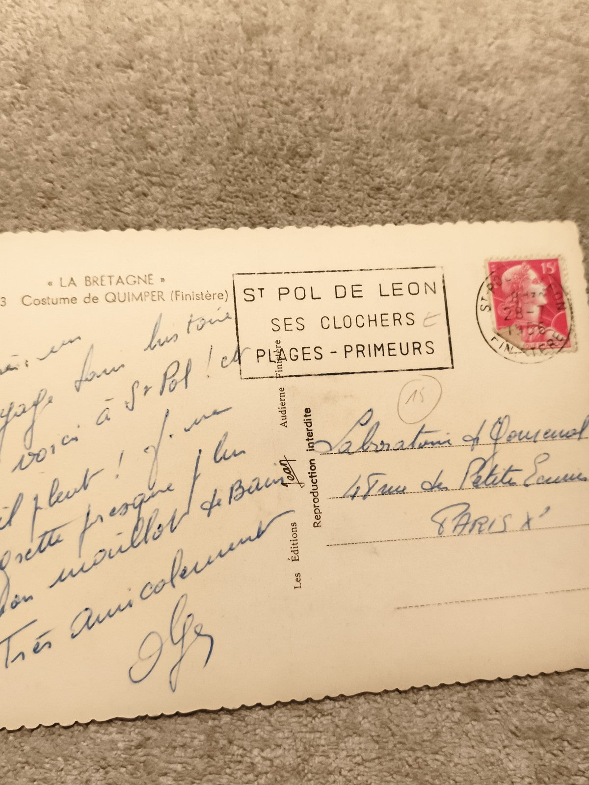 Carte postale St Pol de Léon oblitérée Bretagne timbre 15c philatélie (Ref 8)