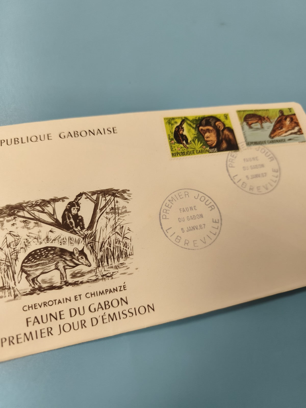 Enveloppe FDC Gabon Faune du Gabon Chevrotain Chimpanzé Timbres animaux