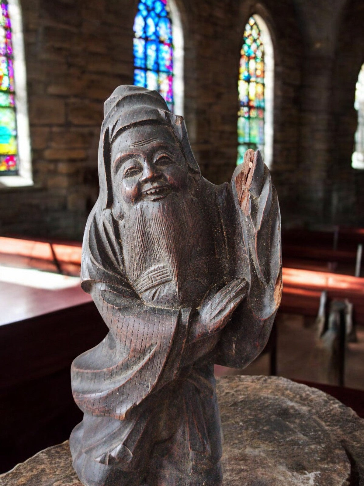 Statue ancienne sage chinois bois sculpté, Fu, patine sombre, restauration