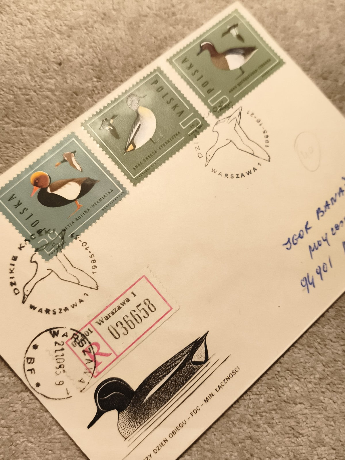 Lettre FDC Pologne oiseaux timbres 1975 affranchis canard Warszawa philatélie