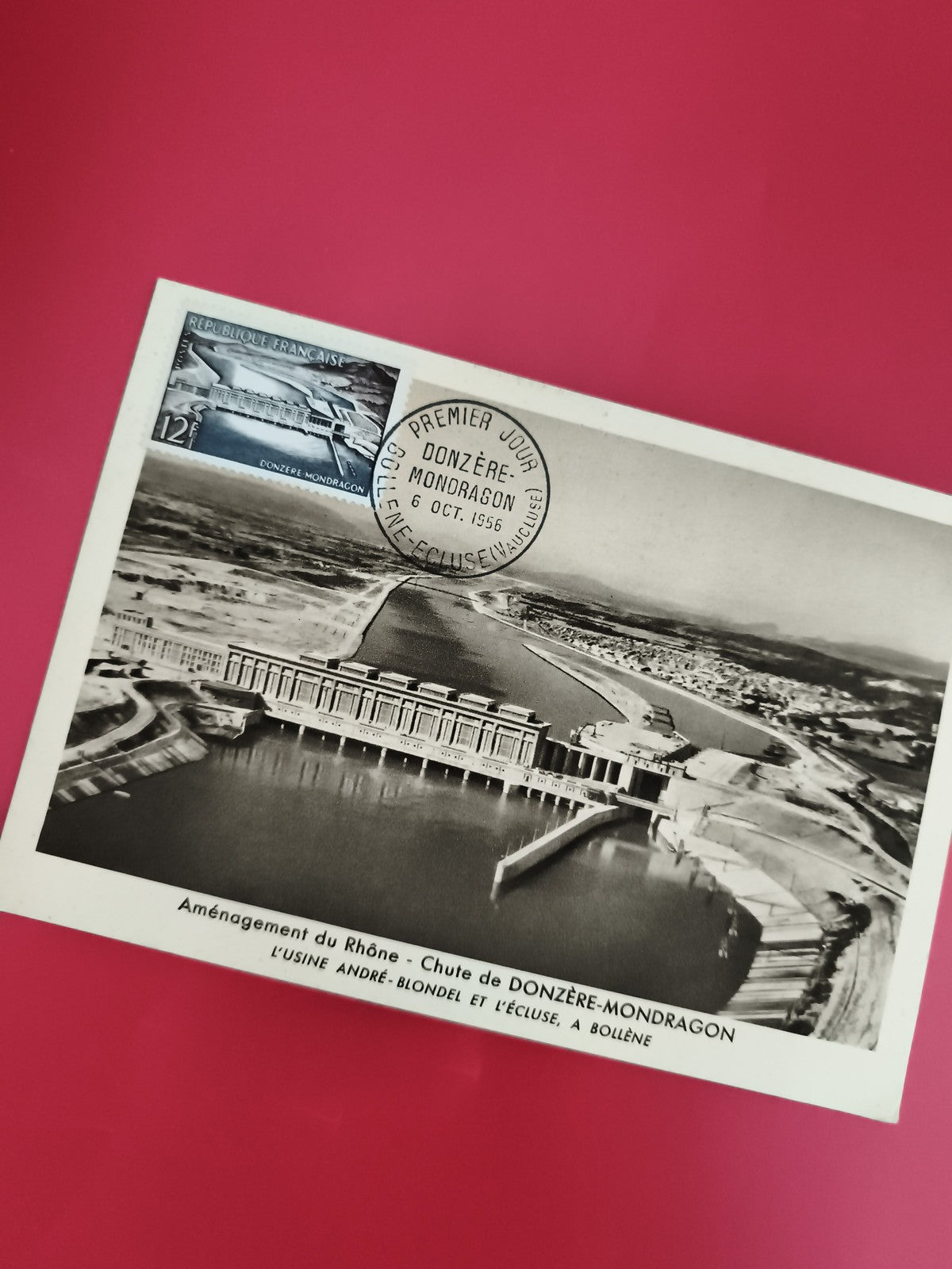 Carte postale premier jour Donzère-Mondragon 1956 timbre 12F aménagement Rhône