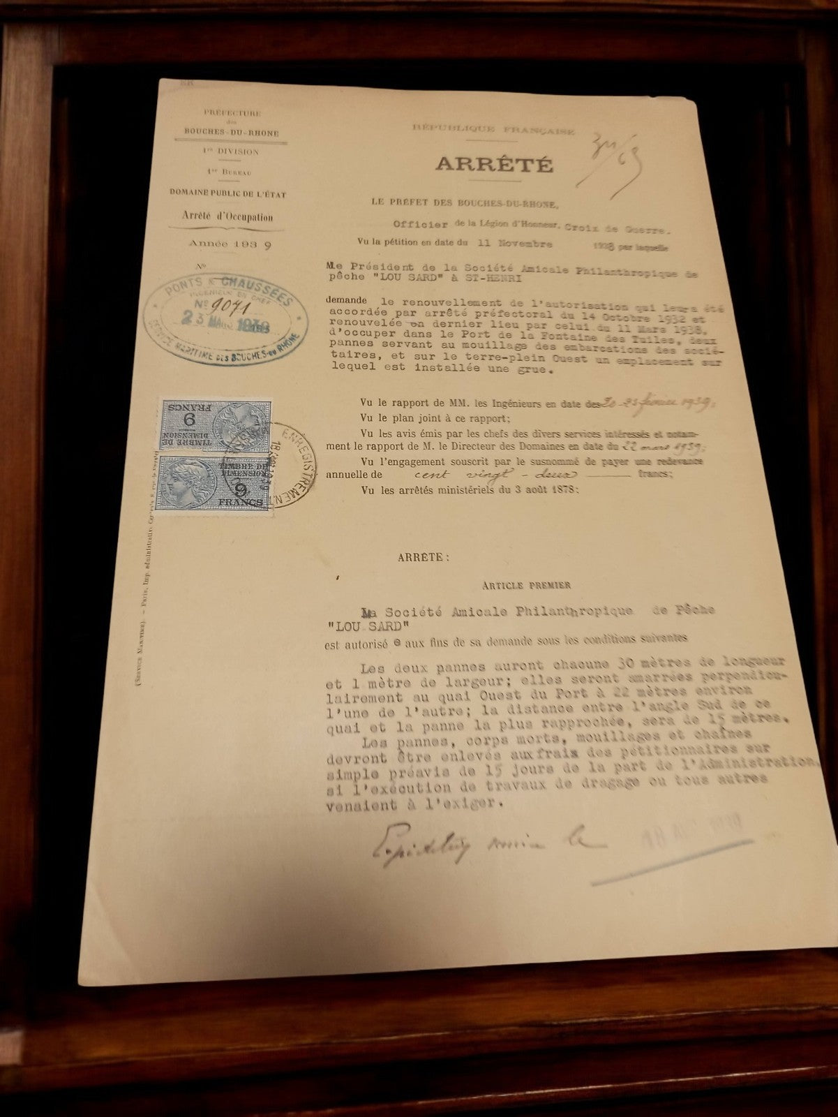 Document administratif ancien Marseille arrêté préfet 1939 timbres fiscaux vinta