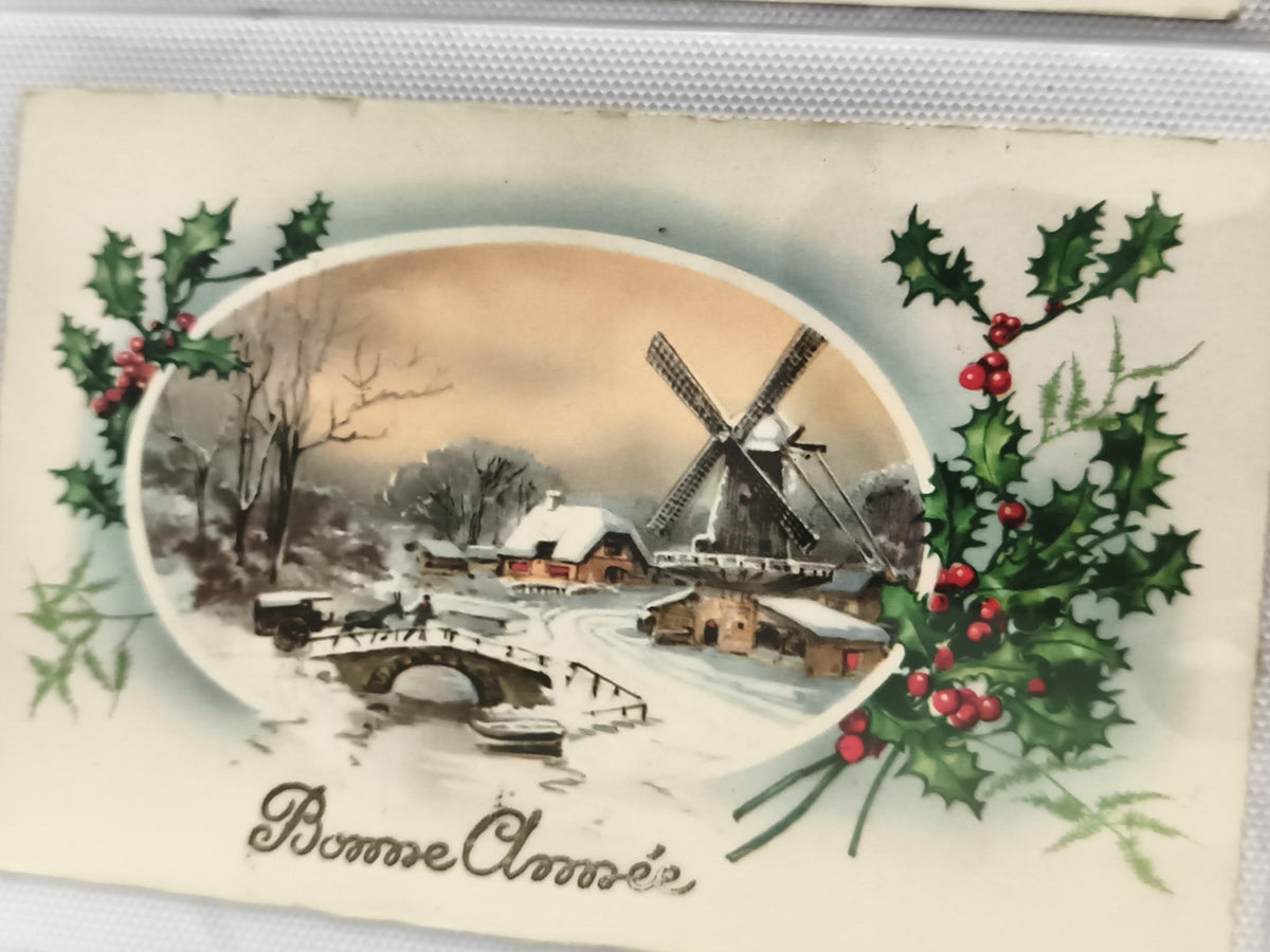 Carte postale ancienne Bonne Année hiver moulin paysage neige