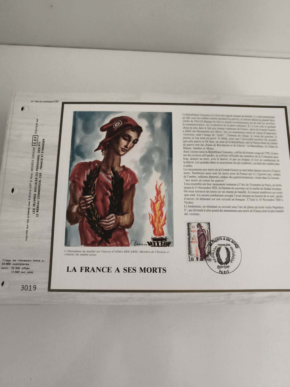 Feuillet philatélique CEF "La France a ses morts" Albert Decaris
