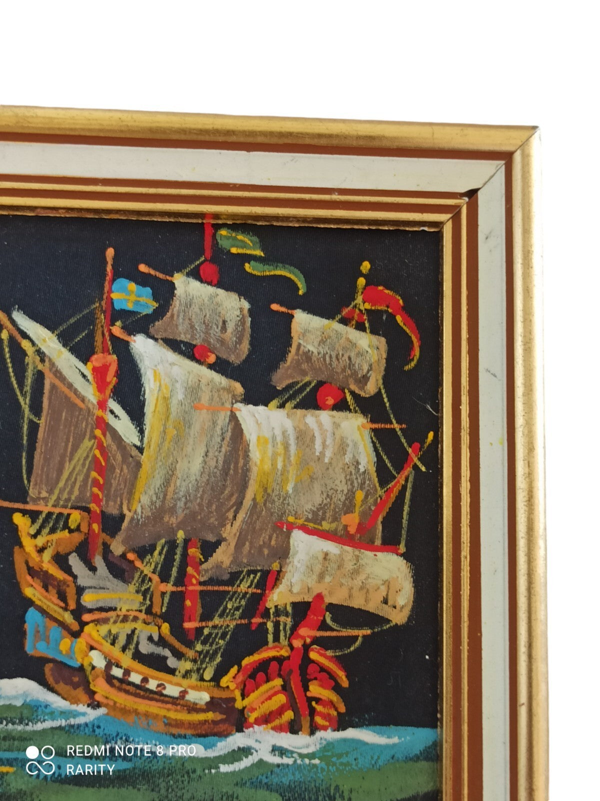 Tableau marin ancien cadre doré – peinture bateau vintage signée décor mural